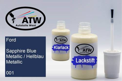 Ford, Sapphire Blue Metallic / Hellblau Metallic, 001: 20ml Lackstift + 20ml Klarlack - Set, von ATW Autoteile West.